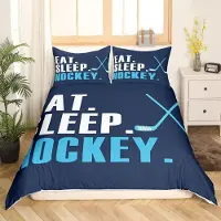 Loussiesd Bettwäsche Set Eishockey Motiv 135x200cm Blau Weiß Mikrofaser