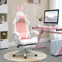 Selius Rosa Gaming-Stuhl mit Kunstlederbezug, Lendenwirbelstütze, 360-Grad-Schwenkfunktion und ausziehbarer Fußstütze