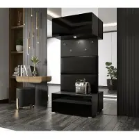 Furnitech GF77 Flur Dielenmöbel Garderobenschrank Dielenschrank Schuhschrank Flurmöbel Set Spiegel Hochglanz (Möbel ohne LED, GF77-21B-HG1 Schwarz)