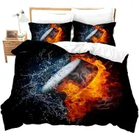 Loussiesd Bettwäsche Set Eishockey 155x220 cm Kinder Jungen Rote Flammen Blaues Wasser Mikrofaser 2-teilig mit 1 Kissenbezug 80x80 cm