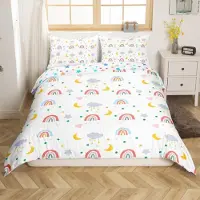 Loussiesd Bettwäsche-Set Kinder Regenbogen Sterne Mond 200x200cm Mehrfarbig 2 Kissenbezüge Mikrofaser