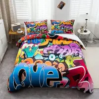 Loussiesd Bettwäsche Set Kinder Graffiti Hip Hop 155x220cm 2-teilig mit Reißverschluss Mikrofaser