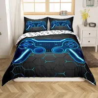 Loussiesd Bettwäsche-Set 155x220cm Jugendliche Gaming Blau Schwarz Geometrisch Gamepad Controller 1 Kissenbezug