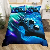Loussiesd Bettwäsche Set 135x200cm Jungen Videospiel Galaxis Gamepad Controller Blau Hexagon Geometrisch mit 1 Kissenbezug 80x80cm Super Mikrofaser