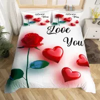Loussiesd Bettwäsche-Set 200x200cm mit Rosen- und Herz-Druck, Weiß/Rot, Mikrofaser