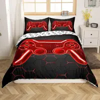 Loussiesd Bettwäsche-Set 155x220cm Rot Schwarz Gamepad Geometrisch Wabenmuster 1 Kissenbezug 80x80cm Mikrofaser