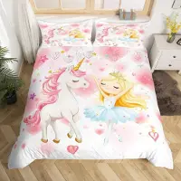 Loussiesd Bettwäsche-Set Kinder Einhorn Ballett Mädchen 200x200cm Rosa Mikrofaser 2 Kissenbezüge 80x80cm