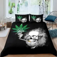 Loussiesd Bettwäsche-Set 155x220cm mit Kissenbezug 80x80cm, Microfaser, Gothic Schädel Cannabis Design