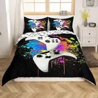 Loussiesd Bettwäsche Set Kinder Jugend 200x200cm Weiß Gamepad Aquarell Mikrofaser 2 Kissenbezüge