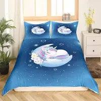 Loussiesd Bettwäscheset Kinder Einhorn Mond Druck Blau 135x200 cm Mikrofaser mit Reißverschluss