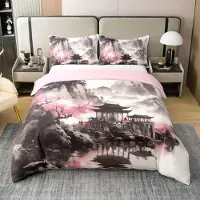 Homewish Bettwäsche Set 135x200 cm 2-teilig Baumwolle Chinesischer Stil Landschaftsmalerei Schwarz Weiß Grau Rosa Rot