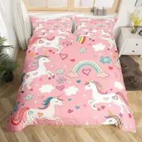 Loussiesd Bettwäsche-Set Einhorn 135x200cm Kinder Mädchen Jungen Regenbogen Schmetterling Glitter Rosa Lila Mehrfarbig Microfaser