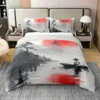 Homewish Bettwäsche-Set 135x200 cm 100% Baumwolle Japanischer Stil Fischerboot Naturlandschaft Hellgrau Rot Schwarz Dunkelgrau