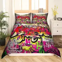 Loussiesd Bettwäsche Set 200x200 cm + 80x80 cm Hiphop Stil Graffiti Muster 3D Druck Super Microfaser