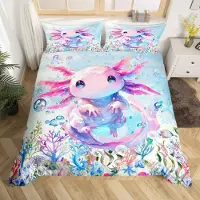 Loussiesd Bettwäsche-Set 200x200cm Axolotl Ozean Sealife Kinder Kawaii Bettbezug mit 2 Kissenbezügen Mehrfarbig Mikrofaser