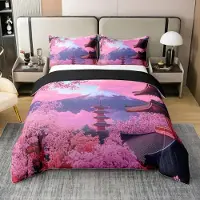 Homewish Bettwäsche Set 200x200 cm 100% Baumwolle Kirschblüten Japanischer Stil Blau Rosa mit 2 Kissenbezügen 80x80 cm