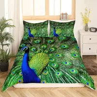 Homewish Bettwäsche-Set 200x200 cm Grün Pfau Feder Muster 2 Kissenbezüge 80x80 cm Mikrofaser Reißverschluss