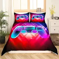 Homewish Bettwäsche Set 220x240 cm 2 Kissenbezüge 80x80 cm Mikrofaser Blau Lila Rot Gamepad Design