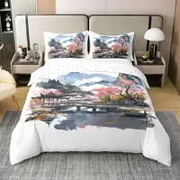 Homewish Bettwäsche Set 135x200 cm Chinesische Tuschemalerei Baumwolle Blau Schwarz Rosa Weiß Orange