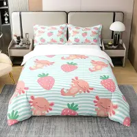 Homewish Bettwäsche Set 220x240cm 100% Baumwolle mit 2 Kissenbezügen 80x80cm Grüne Streifen Kawaii Erdbeere Axolotl Design