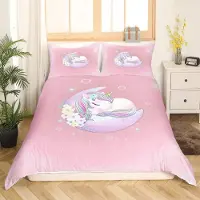 Loussiesd Bettwäsche Set Mädchen Einhorn 135x200 cm Rosa Blumen Mond Druck 2-teilig Mikrofaser mit Reißverschluss
