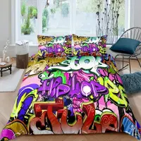 Loussiesd Bettwäsche Set 155x220cm Straße Kultur Graffiti Abstract Stil Bunt Brush Muster Dekor Bettbezug Set für Erwachsene Jungen Hippie Thema Mehrfarbig Super Mikrofaser