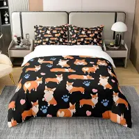 Loussiesd Bettwäsche-Set Corgi Hundemuster 220x240cm 100% Baumwolle mit 2 Kissenbezügen 80x80cm Mehrfarbig Reißverschluss