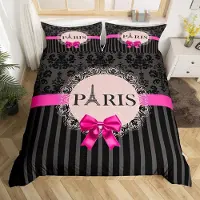 Loussiesd Bettwäsche Set Eiffelturm Druck 220x240cm Schwarz Grau Streifen Rosa Bogen Vintage Gothic Mädchen Frauen Teens Mehrfarbig
