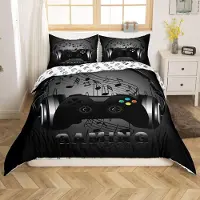 Loussiesd Bettwäsche Set 155x220cm Kopfhörer Game Controller Schwarz Grau Mikrofaser 1 Bettbezug 1 Kissenbezug 80x80cm