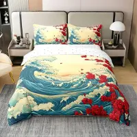 Homewish Bettwäsche-Set 3-teilig Baumwolle 200x200 cm Rot Beige Weiß Blau Ukiyo-e Wellen Design