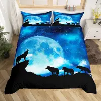 Loussiesd Bettwäsche Set 3D Wolf Galaxie Sterne Blau 135x200 cm Microfaser mit 1 Kissenbezug 80x80 cm Reißverschluss