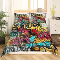 Loussiesd Bettwäsche Set 200x200 cm mit 2 Kissenbezügen 80x80 cm, Graffiti Muster, Mehrfarbig, Mikrofaser
