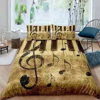Homewish Bettwäsche-Set 220x240 cm 2 Kissenbezüge 80x80 cm Mikrofaser Musik Noten Klavier Brown Muster-4