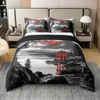 Homewish Bettwäsche Set 220x240 cm 100% Baumwolle Japanischer Stil Kirschblüten Mount Fuji Rot Schwarz 2 Kissenbezüge 80x80 cm