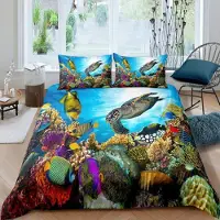 Loussiesd Bettwäsche Set 155x220cm Unterwasser Welt 3D Meeresschildkröte Tropisch Fischkoralle Mehrfarbig 2-teilig Microfaser