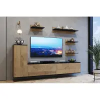 Furnitech TV-Schrank Kombination, Wohnzimmermöbel – 219 cm – Eiche Wotan, Schwarz Matt – modern WS-25DW(DW)-M6-1A