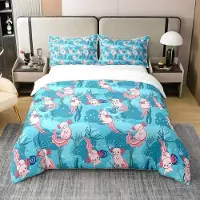 Homewish Bettwäsche-Set 135x200 cm 100% Baumwolle Axolotl Cartoon Ozean Teal mit 1 Kissenbezug 80x80 cm