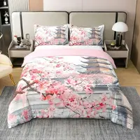 Homewish Bettwäsche-Set 220x240 cm 100% Baumwolle Japanischer Stil Kirschblüten Design