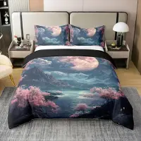 Homewish Bettwäsche Set 220x240 cm 100% Baumwolle mit 2 Kissenbezügen 80x80 cm Kirschblüten Ölgemälde Rosa Indigo