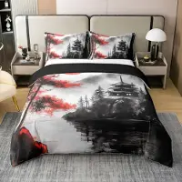 Homewish Bettwäsche Set 220x240 cm 100% Baumwolle Kirschblüte Japanischer Stil mit 2 Kissenbezügen 80x80 cm Rot Schwarz Weiß Aquarell Design
