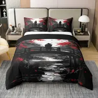 Homewish Bettwäsche-Set 135x200 cm Baumwolle Japanischer Samurai Ahornblatt Muster Rot/Schwarz/Grau/Weiß