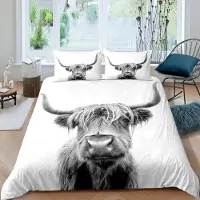 Homewish Bettwäsche Set 200x200 cm Hochlandkuh Waldtiere Grau Mikrofaser 3-teilig