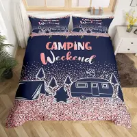 Loussiesd Bettwäsche Set Kinder Camper Galaxis Dekor 155x220cm Mädchen Jugendliche Blumen Rosa Blau mit 1 Kissenbezug Mehrfarbig
