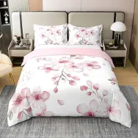 Homewish Bettwäsche Set 135x200 cm Baumwolle Sakura Kirschblüte mit 1 Kissenbezug 80x80 cm Rosa Weiß