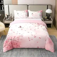 Homewish Bettwäsche Set 135x200 cm 100% Baumwolle Kirschblüten Japanischer Stil Rosa Weiß