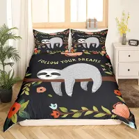 Homewish Bettbezug Set 155x220 cm Faultier Karikatur Kinder Mädchen Jungen Botanisch Blumen 1 Kissenbezug 80x80 cm Polyester Mikrofaser