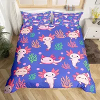 Loussiesd Bettwäsche-Set Mädchen Axolotl 155x220cm Rosa Lila Meerestiere 1 Kissenbezug Reißverschluss Microfaser
