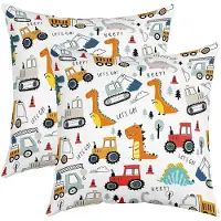 Loussiesd Kissenbezüge 45x45cm 2er Set Kinder Cartoon Dinosaurier Baufahrzeuge Mehrfarbig