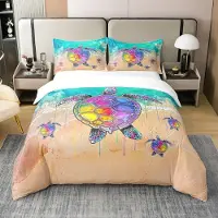 Homewish Bettbezug Set 155x220cm 100% Baumwolle Aquarell Schildkröte Motiv Blue Hawaii
