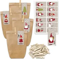 Generisch Adventskalender zum Befüllen – 24 Geschenksäckchen und 24 Zahlenaufkleber und -clips – Motiv: eckige Aufkleber – Weihnachtsmann